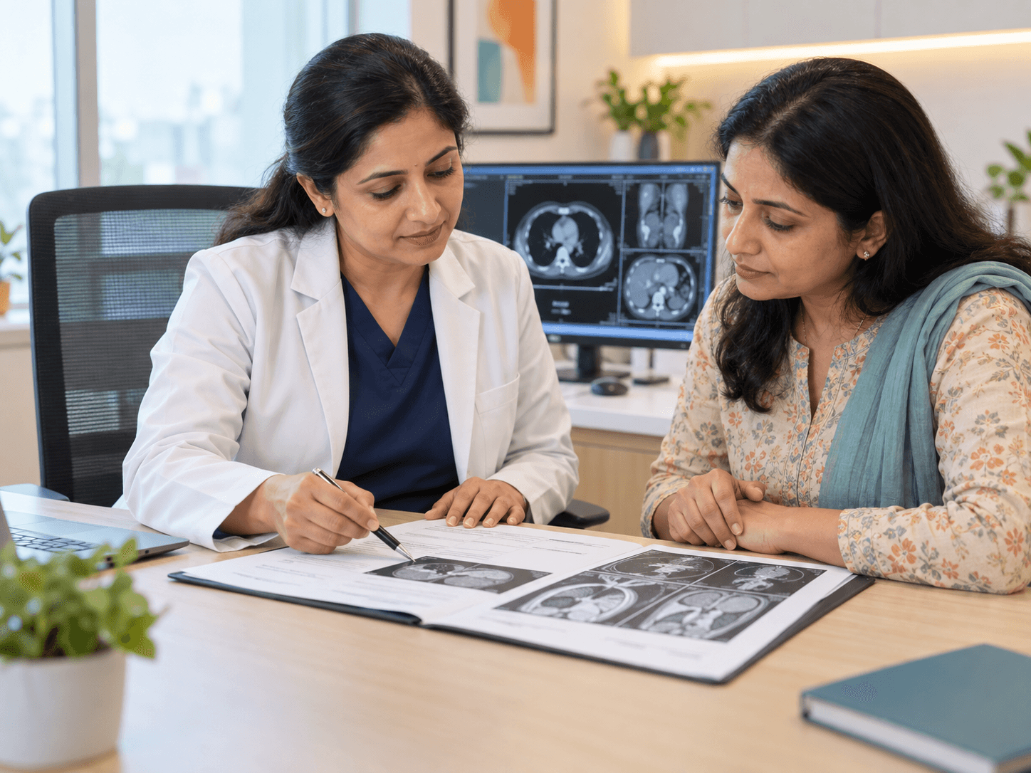 Oncology consultation reviewing pathology and scan reports