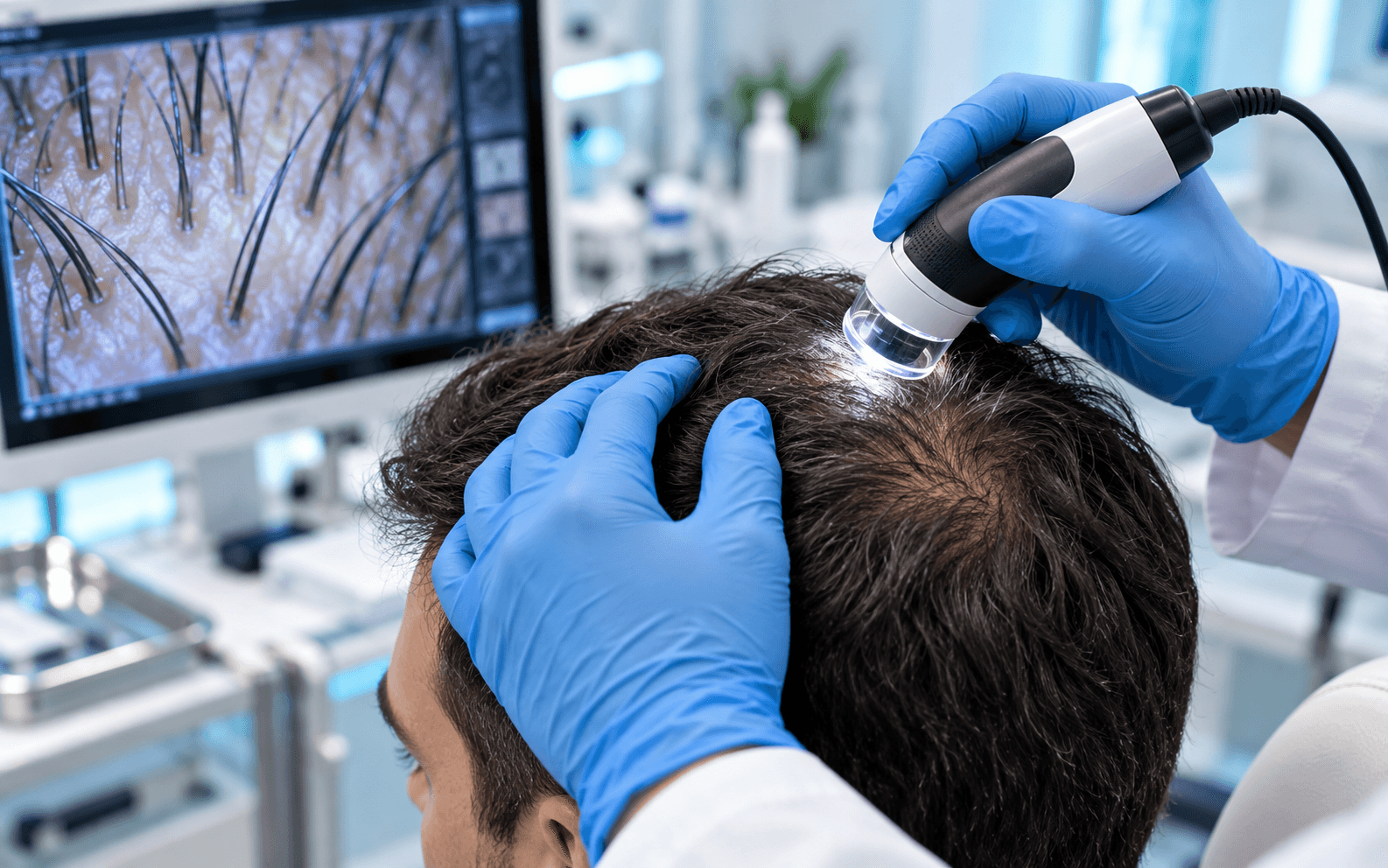 Hair loss consultation reviewing scalp and hairline with a specialist