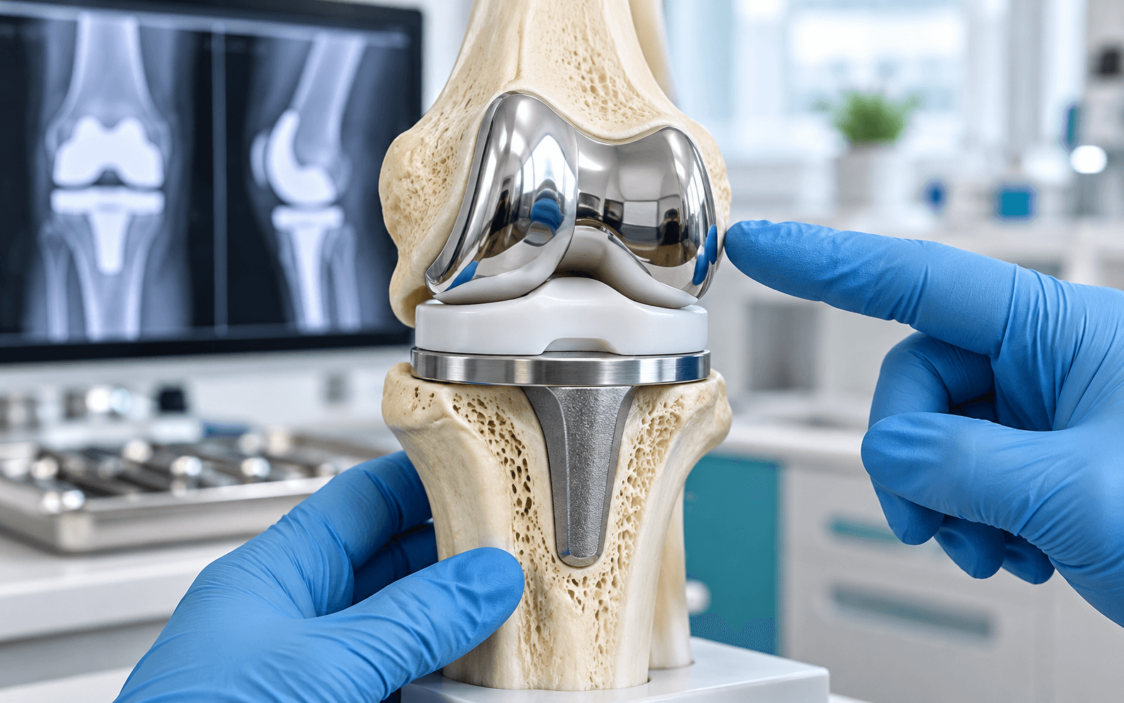 Orthopedic surgeon explaining a knee X-ray to a patient