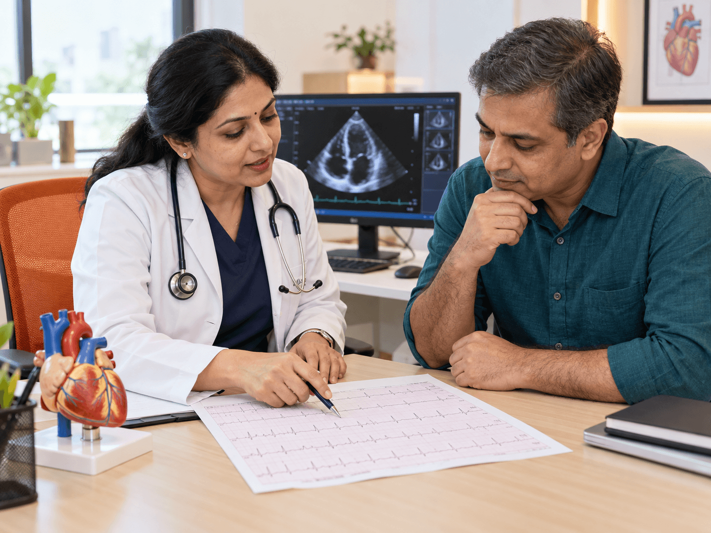 Cardiology consultation reviewing heart test results
