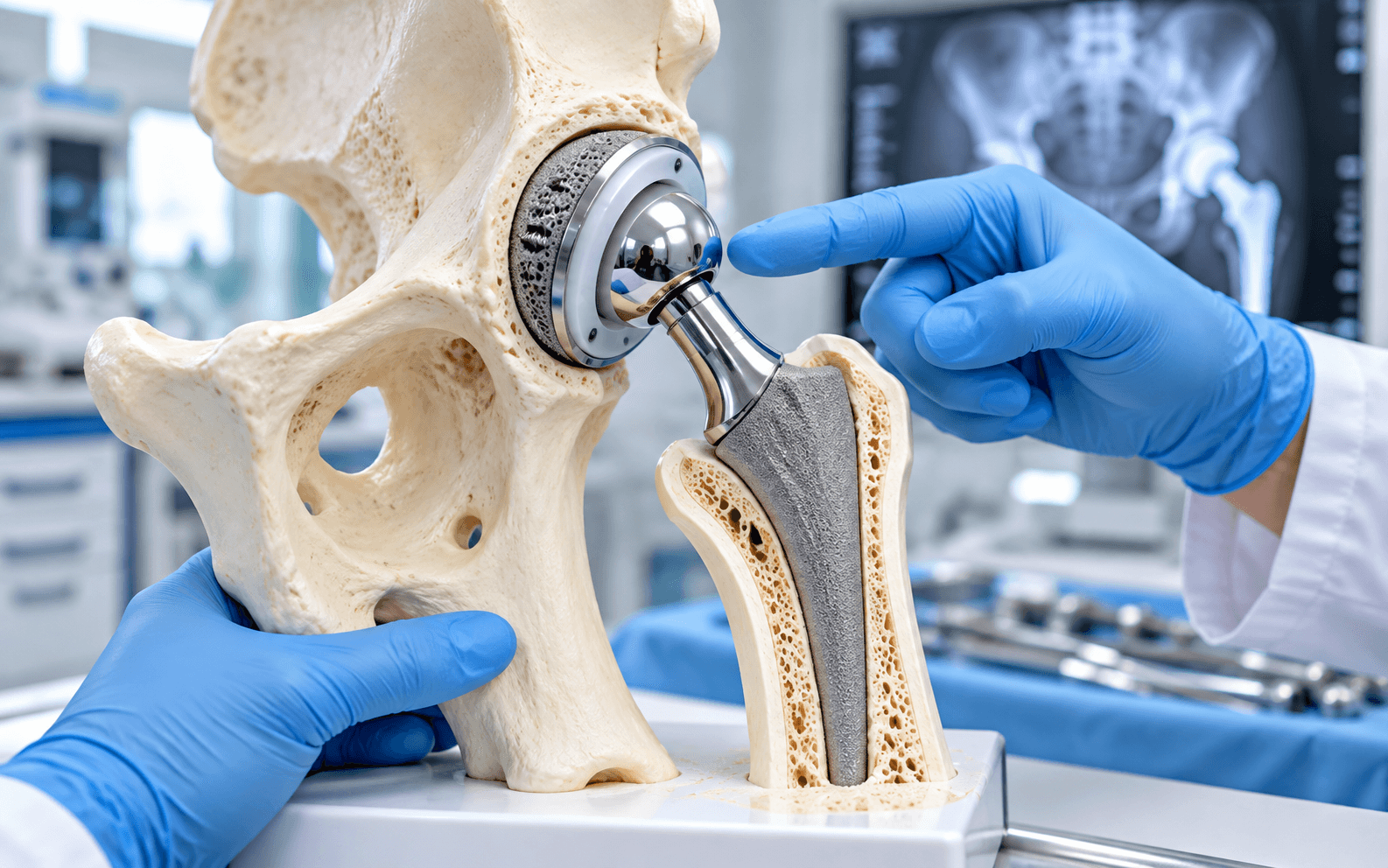 Orthopedic surgeon reviewing a hip X-ray with a patient