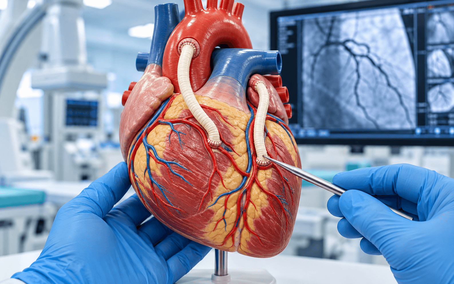 Cardiac surgeon reviewing an angiogram report with a patient